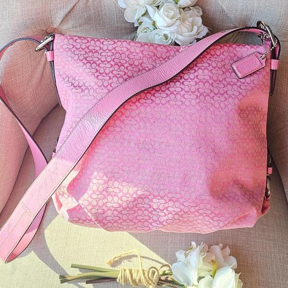 Coach Signature Jacquard Hobo Shoulder Bag Crossbody # 21041E ( Pink ) - Picture 8 of 16